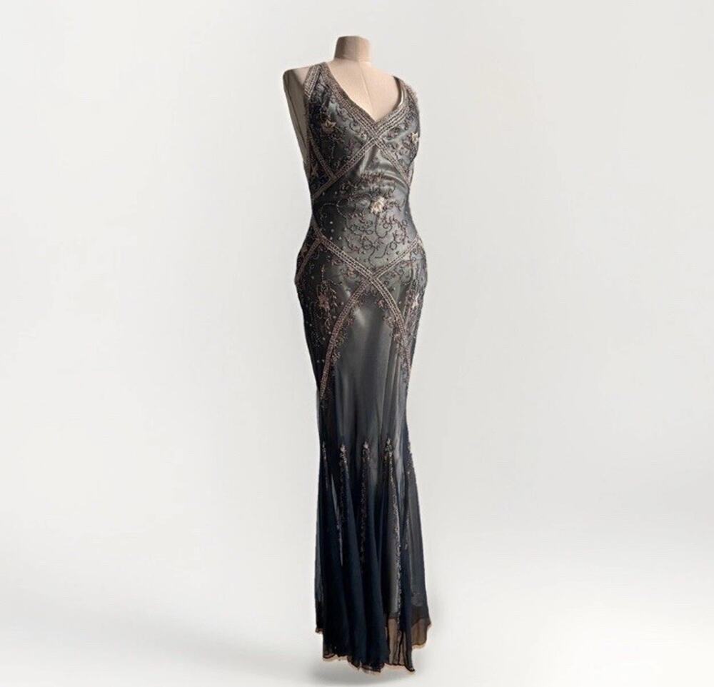 Vintage Y2K NITELINE Cache Style Dress Black Gold Beaded Evening Gown sz 4
